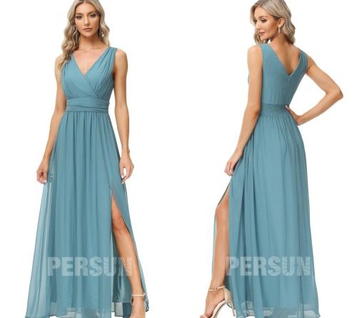 Robe longue fendue en mousseline dusty blue